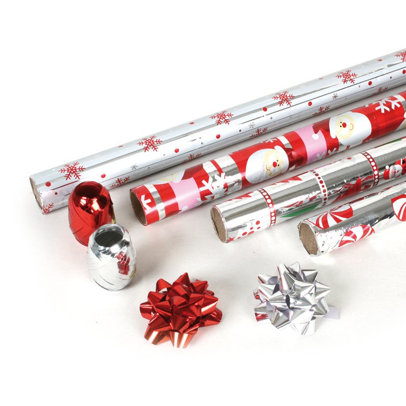 Juego 4 rollos papel regalo metalizado con adornos navidad