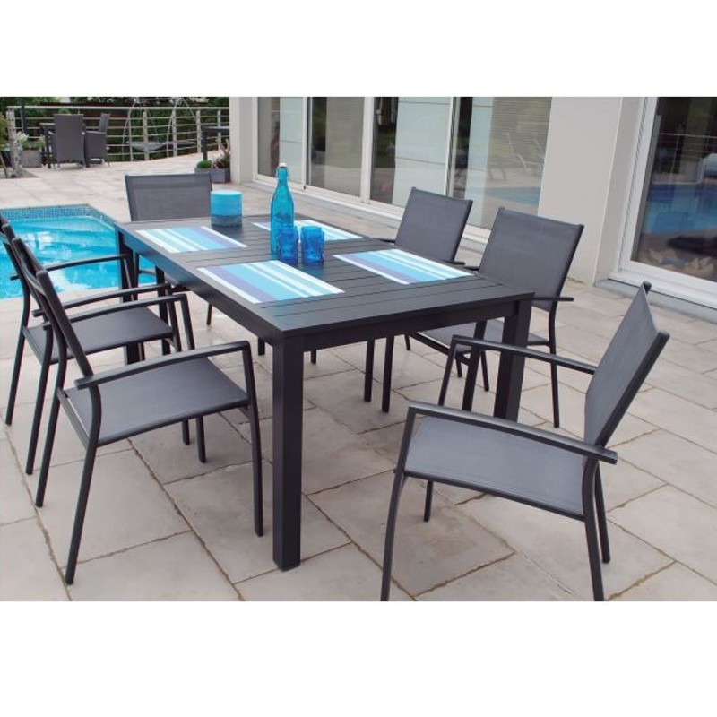 Conjunto mesa jardín aluminio y 6 sillas textilene Serie Parma